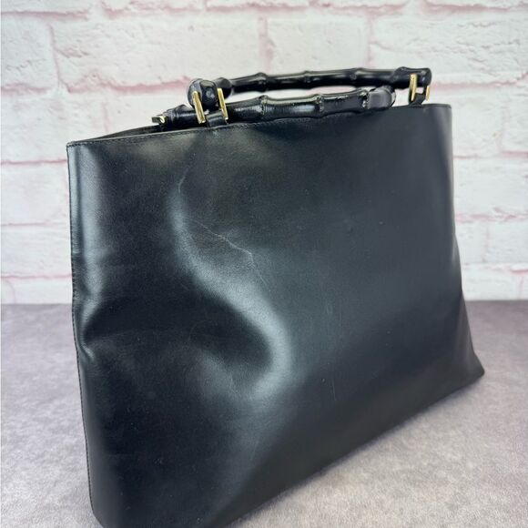 Gucci Bamboo Black Leather Top Handle Vintage Handbag - Picture 2 of 13